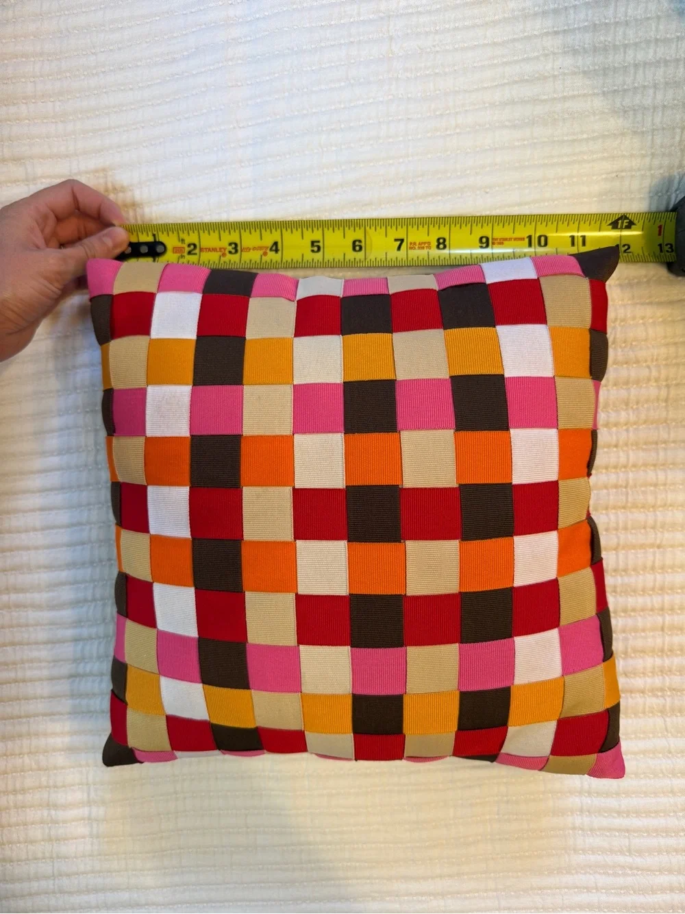 Multicolor Mini Checker Woven Ribbon Throw Pillow - Pink, Orange & Red Accent